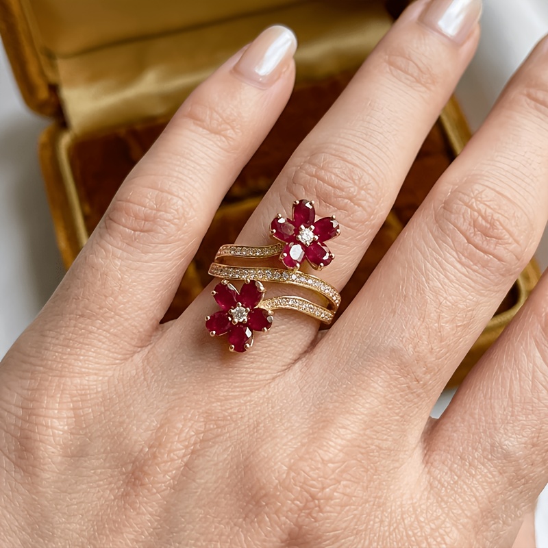 Women's Adjustable Red Zirconia Flower Open Ring